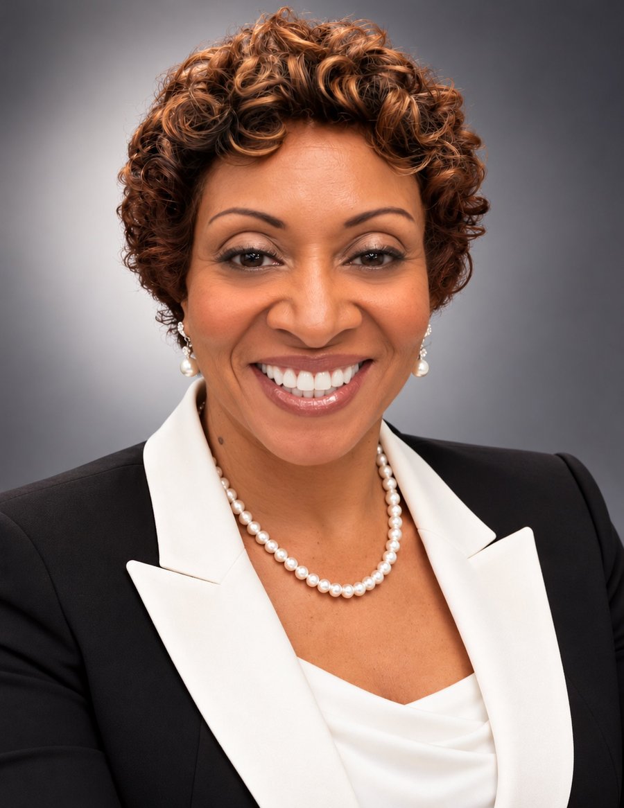 Portrait of Dr. Dōnnie R. Johnson in a black suit with white lapels and a pearl necklace
